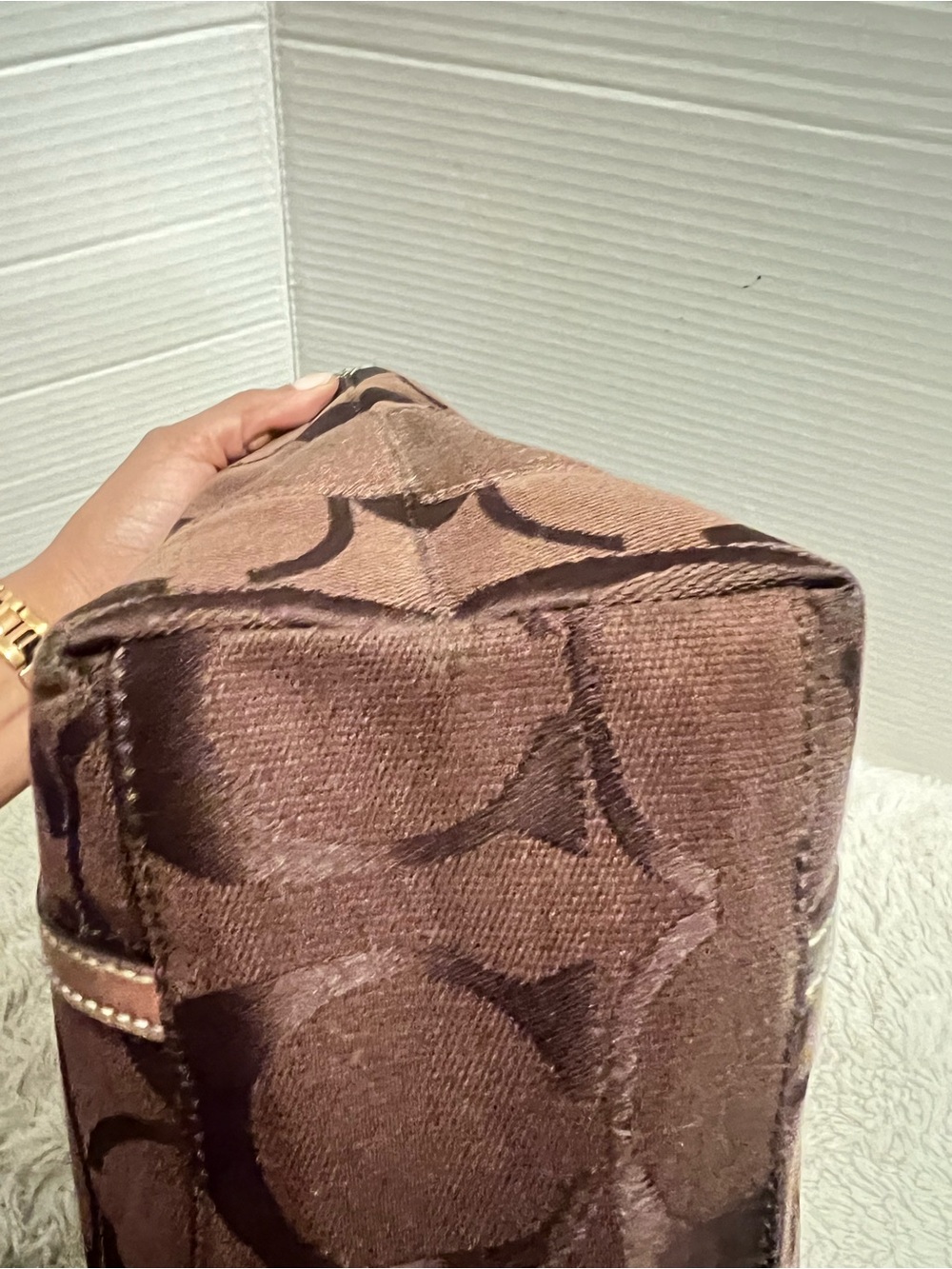 Coach Vintage y2k Brown and Gold Signature Stripe Metallic Copper Tote - Picture 7 of 11